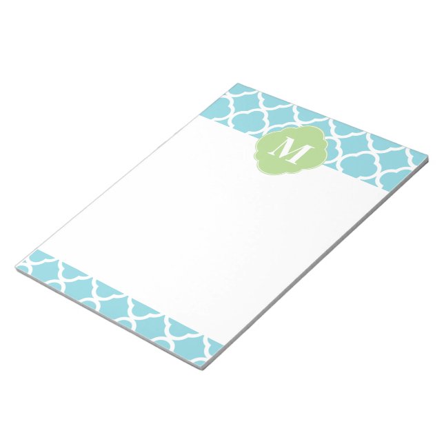 Bloco De Notas Monograma do Quatrefoil Verde Azul (Inclinado)