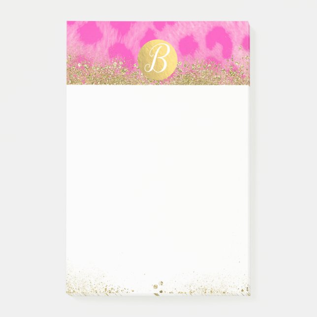Bloco De Notas Monograma Dourado com Brilho e Estampa de Guepardo (Frente)