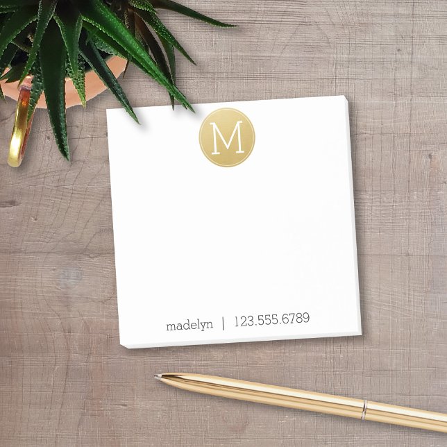 Bloco De Notas Monograma Dourado com nome e número de contato (Add your monogram to these personalized post-it notes with social media contact info.)