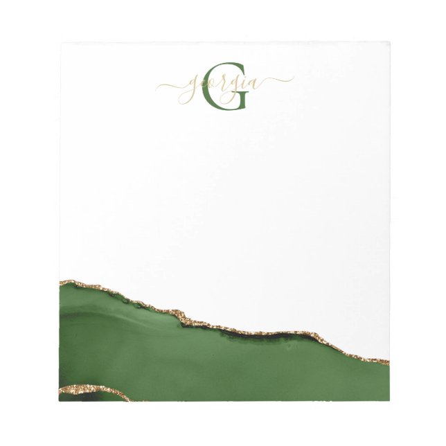 Bloco De Notas Monograma Dourado de brilho e agitação verde (Frente)