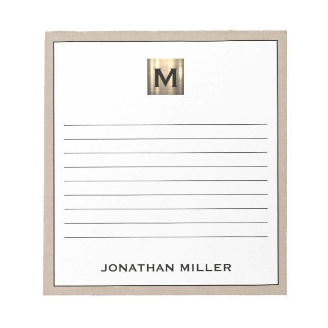Bloco De Notas Monograma Dourado de Linen Beige Personalizado (Frente)