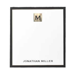 Bloco De Notas Monograma Dourado Personalizado Branco Preto
