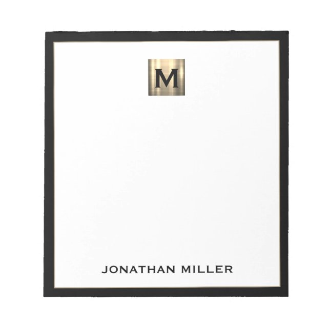Bloco De Notas Monograma Dourado Personalizado Branco Preto (Frente)