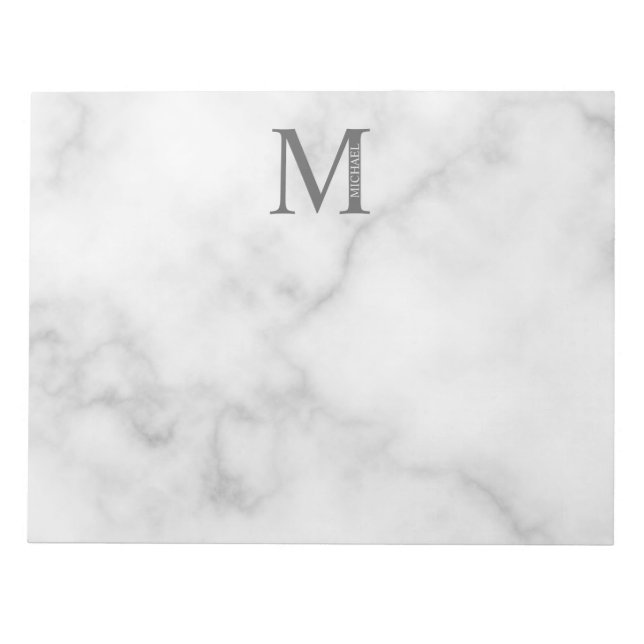 Bloco De Notas Monograma e Nome Personalizados do Marble Branco (Frente)