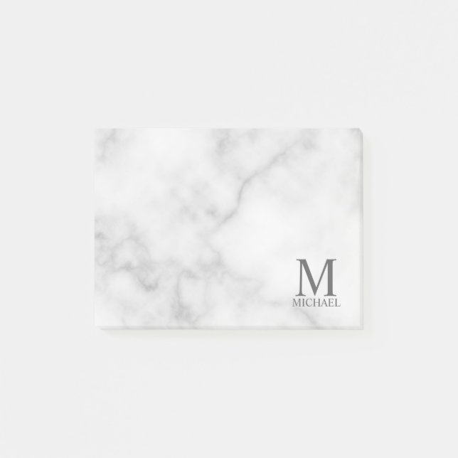 Bloco De Notas Monograma e Nome Personalizados do Marble Branco (Frente)