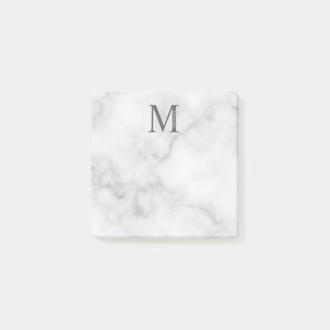 Bloco De Notas Monograma e Nome Personalizados do Marble Branco (Frente)