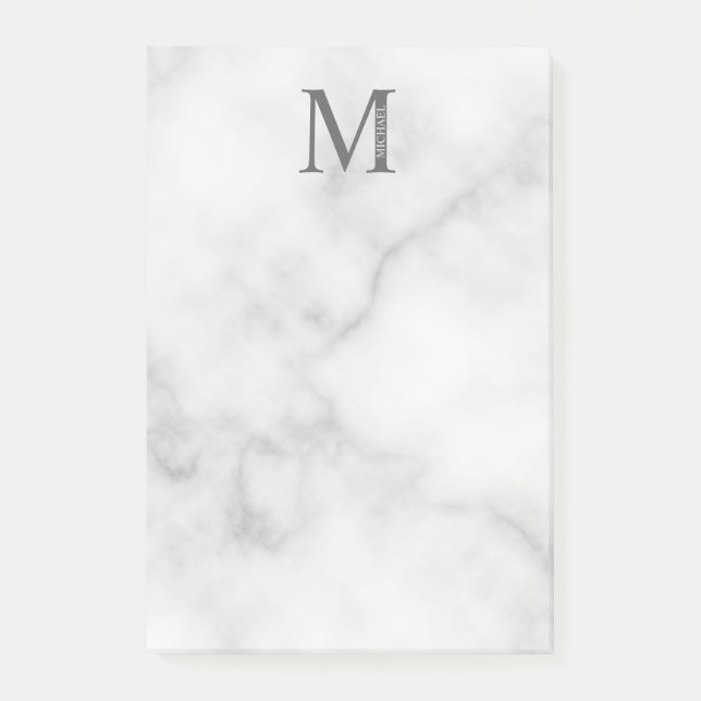 Bloco De Notas Monograma e Nome Personalizados do Marble Branco (Frente)