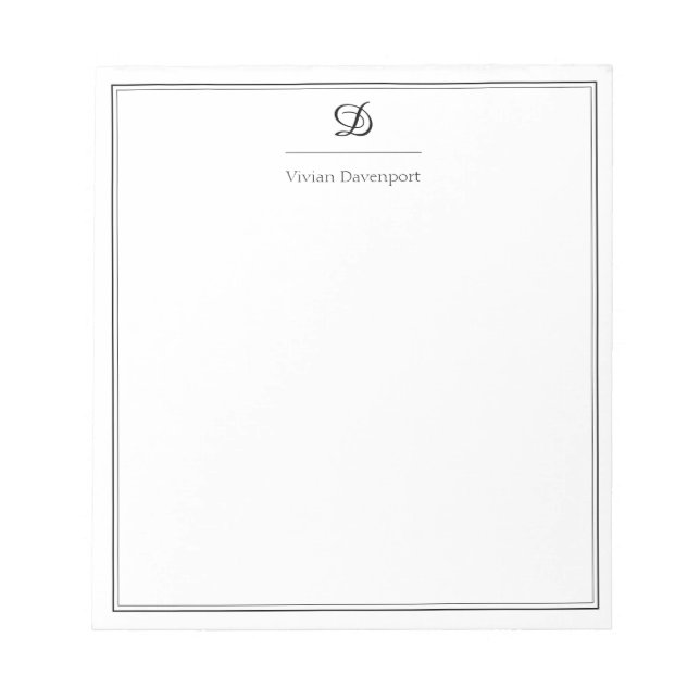 Bloco De Notas Monograma Elegante em Preto e Branco com Letra de  (Frente)