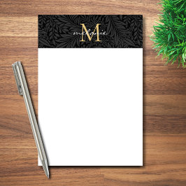Bloco De Notas Monograma Elegante em Preto e Dourado com Floral e