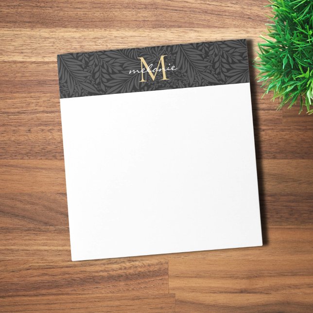 Bloco De Notas Monograma Elegante em Preto e Dourado com Floral e (Criador carregado)
