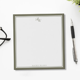 Bloco De Notas Monograma Elegante em Verde Oliva com Duas Bordas