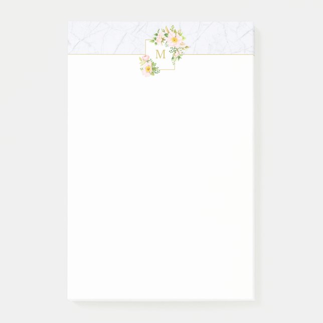 Bloco De Notas Monograma Elegante Floral Marble 4x6 Posta Notas (Frente)