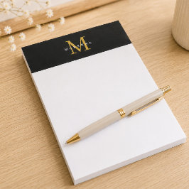 Bloco De Notas Monograma Elegante Preto Dourado Profissional Mode