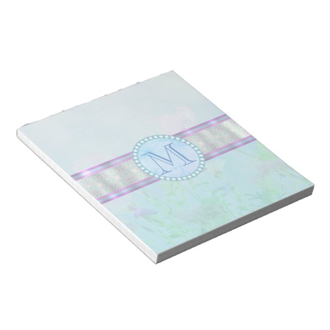 Bloco De Notas Monograma Floral Azul Pastel (Inclinado)