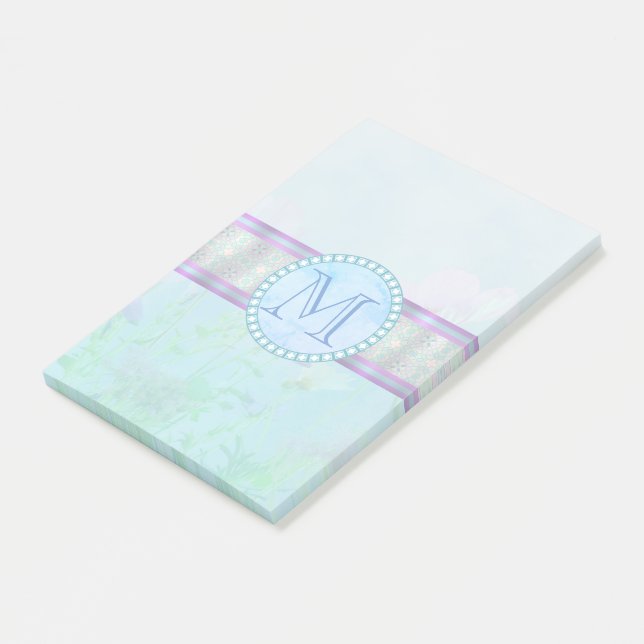 Bloco De Notas Monograma Floral Azul Pastel (Inclinado)