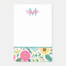 Monograma Floral de Primavera Rosa e Turquesa
