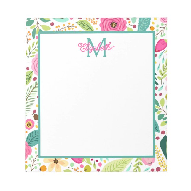 Bloco De Notas Monograma Floral de Primavera Rosa e Turquesa (Frente)