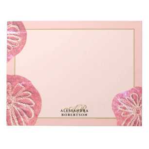 Bloco De Notas Monograma Floral Retro Rosa Bege Dourado Chic