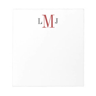 Bloco De Notas Monograma inicial simples preto e vermelho