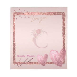 Bloco De Notas Monograma - Letra inicial C e Rosa Bonito Dourado