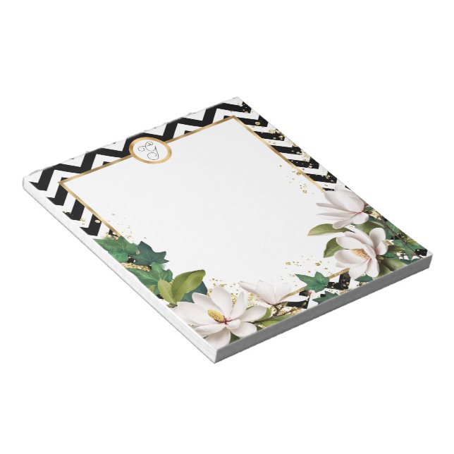 Bloco De Notas Monograma Magnolia Ivy e Dourado com Chevron (Inclinado)