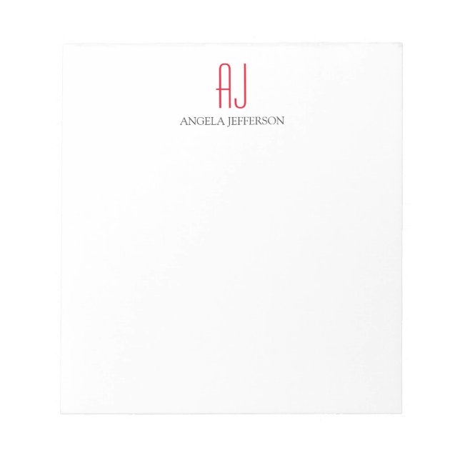 Bloco De Notas Monograma moderno simples branco vermelho (Frente)