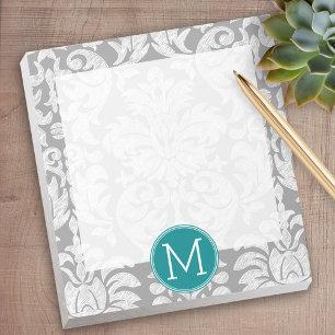 Bloco De Notas Monograma Personalizado de Cinza Chic e Cor damasc