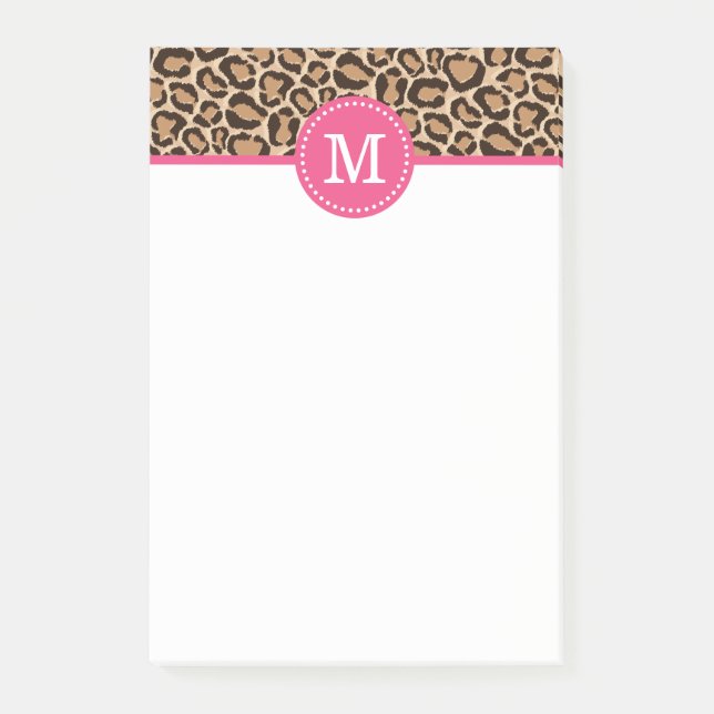 Bloco De Notas Monograma Personalizado de Impressão Rosa e Leopar (Frente)