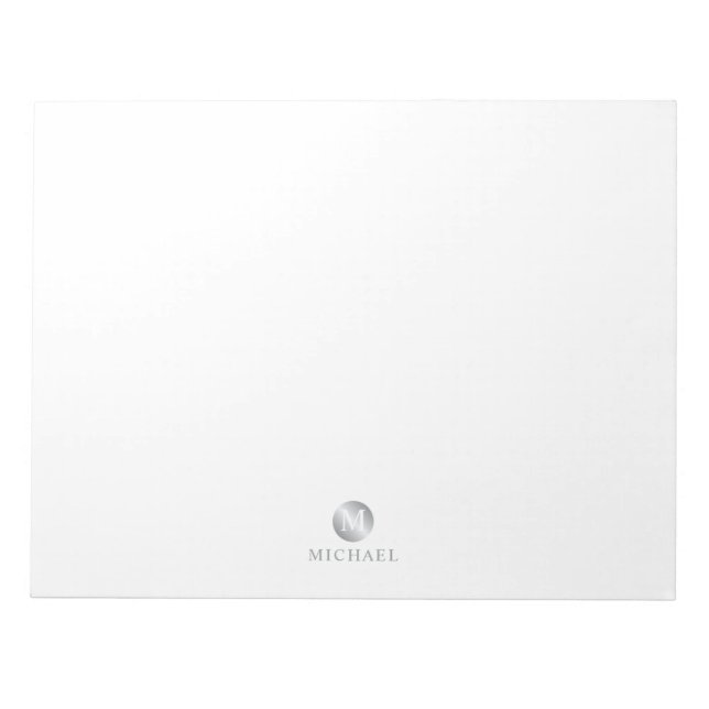 Bloco De Notas Monograma personalizado de luxo branco e prata (Frente)