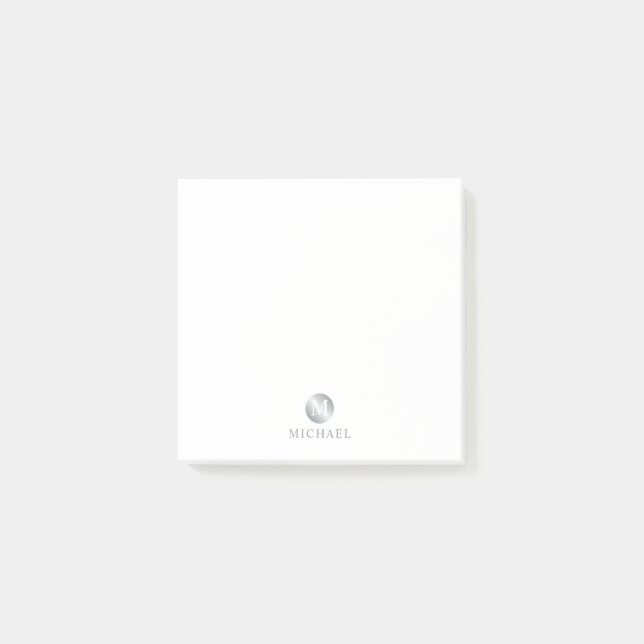 Bloco De Notas Monograma personalizado de luxo branco e prata (Frente)