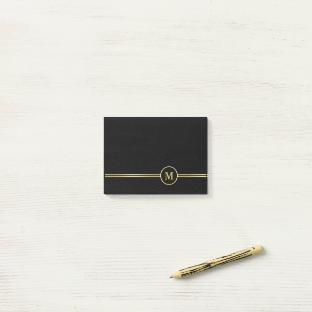 Bloco De Notas Monograma personalizado de ouro elegante a preto (Na mesa)