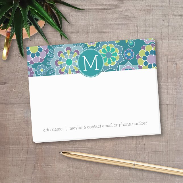 Bloco De Notas Monograma Personalizado de Padrão Floral Primavera (Personalized post-it notes with a monogram and contact information - low quantity available)