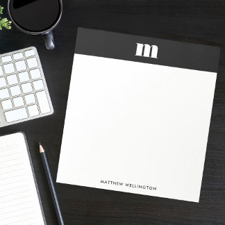 Bloco De Notas Monograma Personalizado Preto Branco Sólido Minima