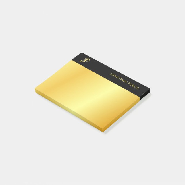 Bloco De Notas Monograma Personalizado Preto E Elegante Dourado (Inclinado)