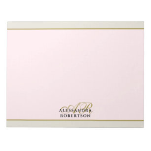 Bloco De Notas Monograma Personalizado Rosa Pastel Dourado Bege C