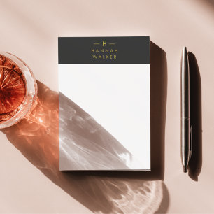 Bloco De Notas Monograma preto Dourado   Elegante minimalista mod