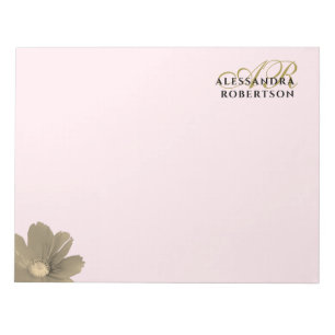 Bloco De Notas Monograma Rosa Pastel Dourado Floral Aquarela Chic