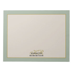 Bloco De Notas Monograma Verde Sage Bege Dourado Minimalista Hom