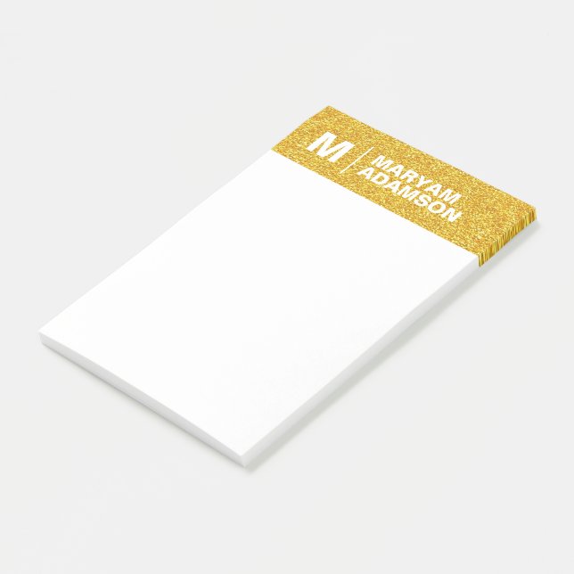 Bloco De Notas Monograma White Dourado Name, Modern Elegant (Inclinado)