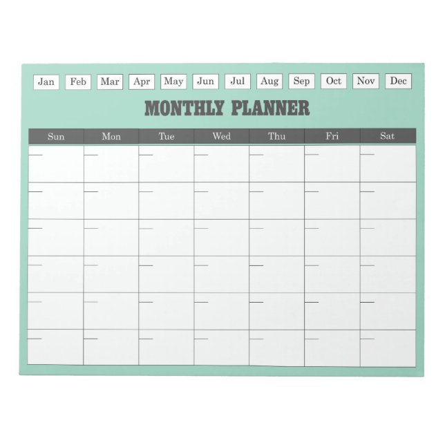 Bloco De Notas Monthly Planner Teal Simple Calendar (Frente)