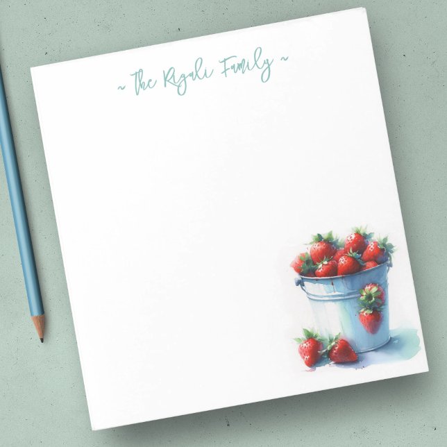 Bloco De Notas Morangos Morangos Personalizados Papel de Carta (Strawberry notepads feature watercolor tin pint of strawberries farmhouse retro theme)