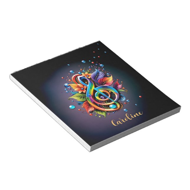 Bloco De Notas Música, clave colorido com folhas. (Inclinado)