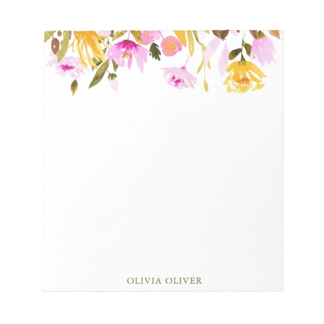 Bloco De Notas Na moda Pink Watercolor Floral (Frente)