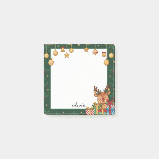 Bloco De Notas Natal com Rena Adorável e Ornamentos Dourados