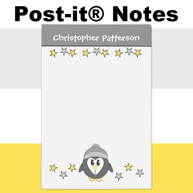 Bloco De Notas Nome de estrela de pinguim fofo crianças cinza ama (Criador carregado)