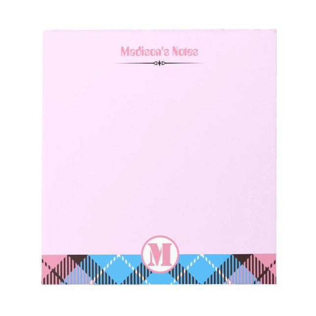 Bloco De Notas Nome de Script Monograma Moderno Xadrez Rosa Azul (Frente)