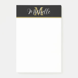 Bloco De Notas Nome do Script do Monograma Dourado Preto Elegante