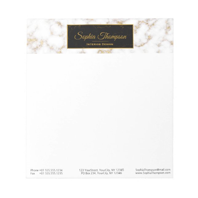 Bloco De Notas Nome Dourado do Mármaco Branco Elegante Moderno -  (Frente)