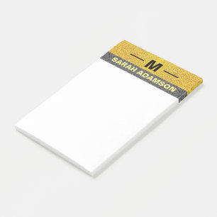 Bloco De Notas Nome em Preto Dourado com Monograma Personalizado,