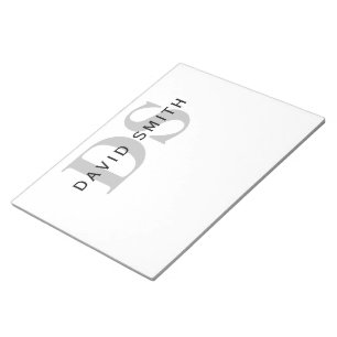 Bloco De Notas Nome Moderno & Monograma Branco Preto & Cinza